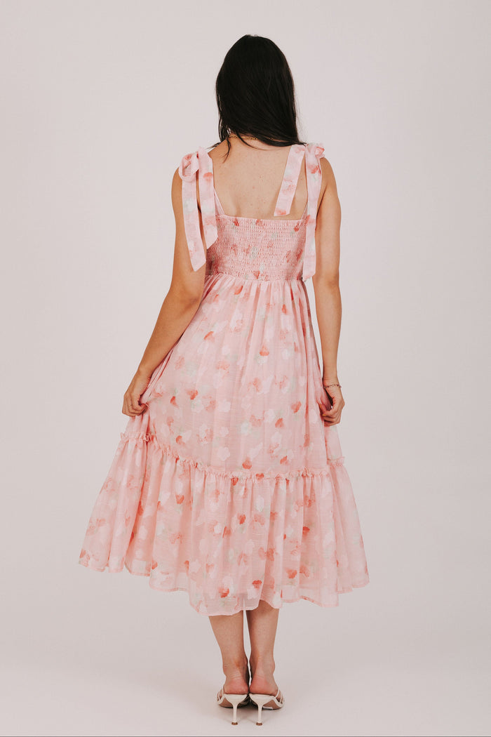pink midi dress with sheer floral overlay