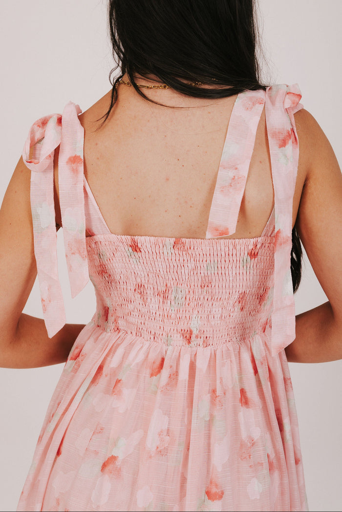pink midi dress with sheer floral overlay back close