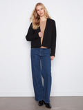 Black cardigan with open-front design, featuring patch pockets and a cozy feel by Charlie B.