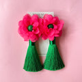 Pink and Green Floral Tassel Earrings