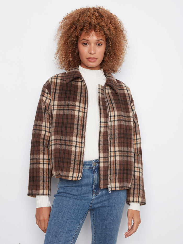 Plaid pattern wool blend bomber jacket, perfect for casual outings by Charlie B.