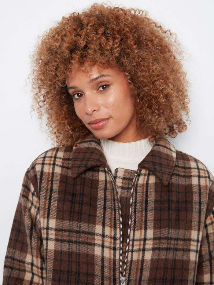 Stylish chocolate plaid jacket with elegant shirt collar design by Charlie B.
