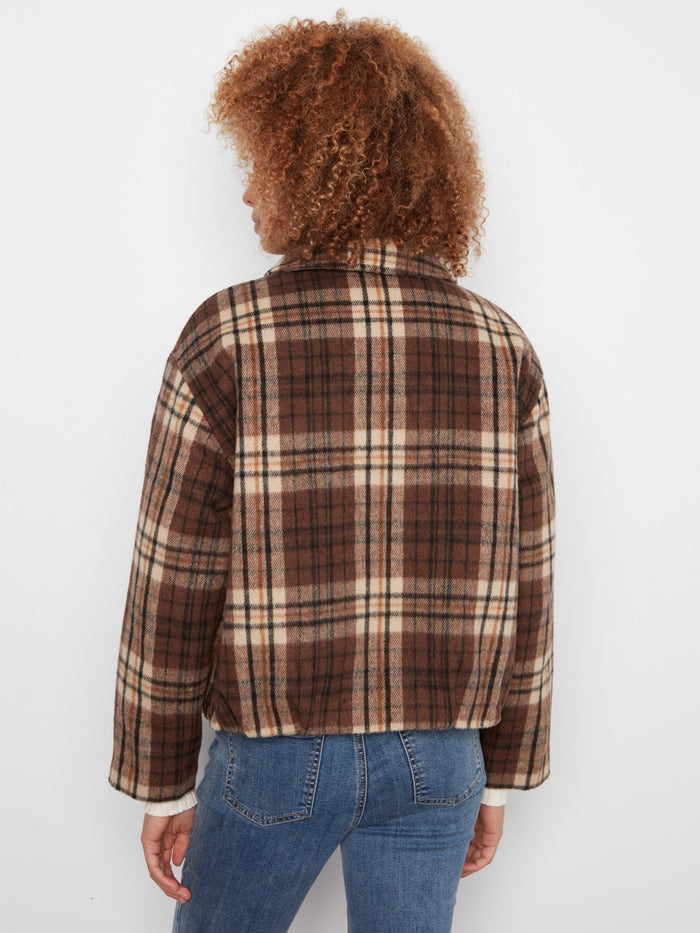 Plaid Wool Blend Bomber Jacket - Chocolate