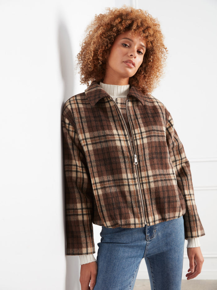 Plaid Wool Blend Bomber Jacket - Chocolate