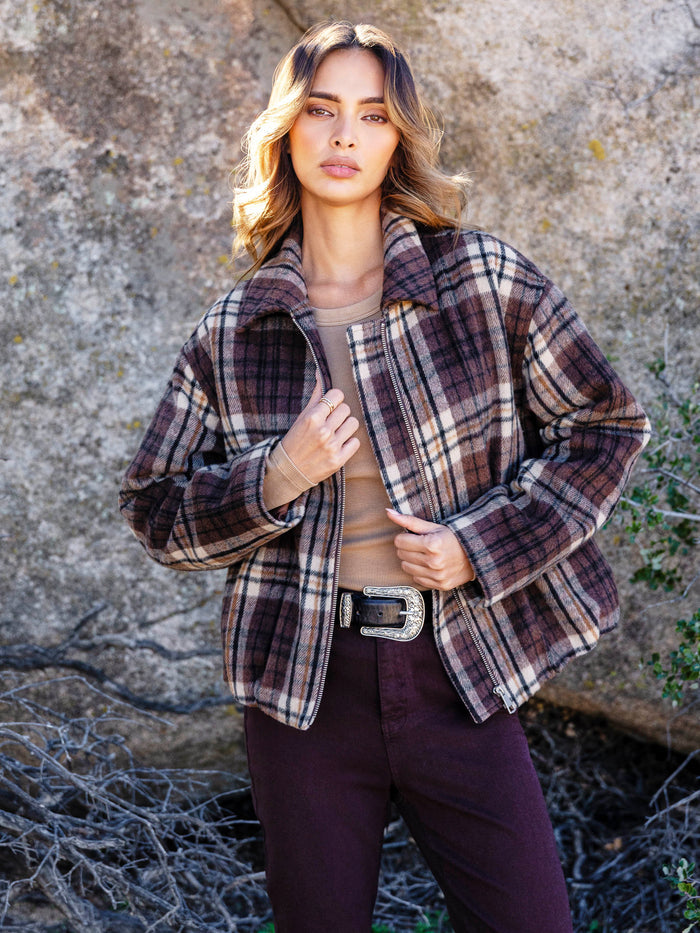 Plaid Wool Blend Bomber Jacket - Chocolate