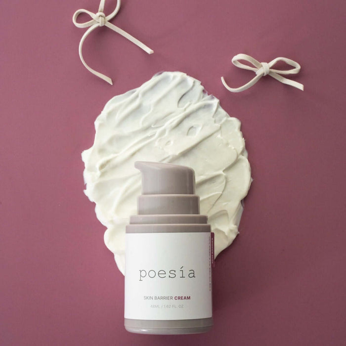POESÃA Ceramide 3 Liposome Intensive Skin Barrier Cream 48ml on a textured background with decorative bows.
