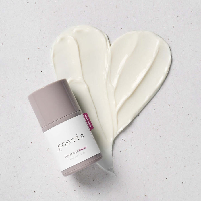 POESÃA Ceramide 3 Liposome Intensive Skin Barrier Cream 48ml next to heart-shaped cream smear