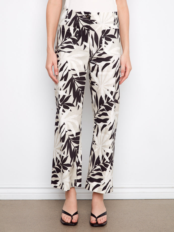 Cropped pants with an eye-catching black and white leaf pattern, crafted from a stretch linen blend by Charlie B.