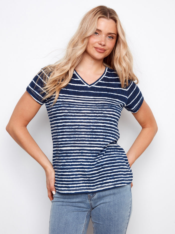 Blue and white striped T-shirt featuring a relaxed fit, ideal for everyday comfort by Charlie B.