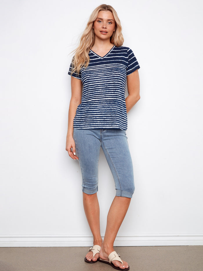 Casual striped tee with short sleeves and V-neckline for easy styling by Charlie B.