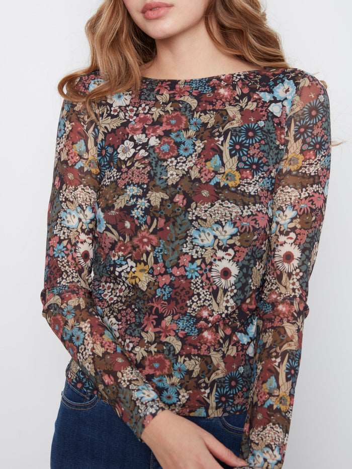 Long-sleeved floral top in a slim fit design, showcasing vibrant patterns by Charlie B.