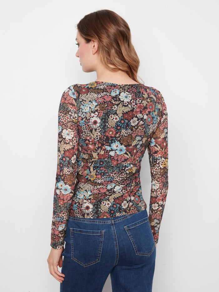 Printed Mesh Boat Neck Top - Azalea