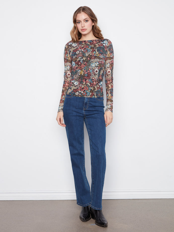 Printed Mesh Boat Neck Top - Azalea