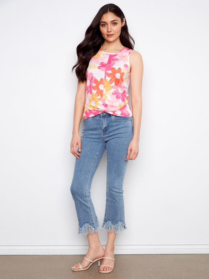 Colorful floral tank top in pink, orange, and yellow with 100% cotton fabric for breathable comfort by Charlie B.