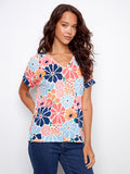 Linen blend floral print t-shirt featuring a stylish V-neckline, perfect for casual outings by Charlie B.