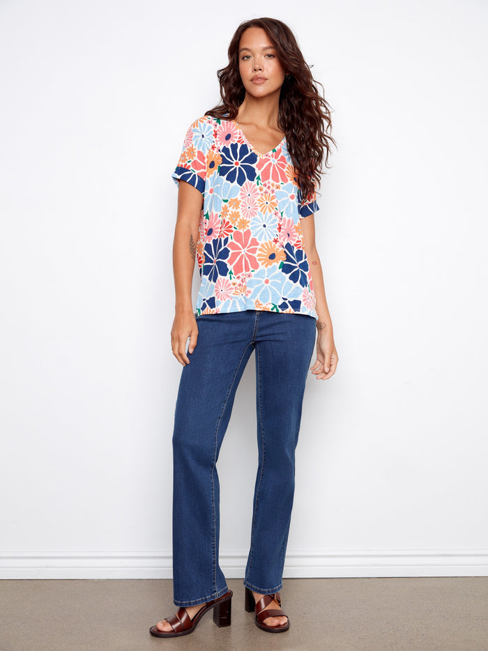 Floral print t-shirt with short dolman sleeves and folded cuffs, offering comfort and style by Charlie B.