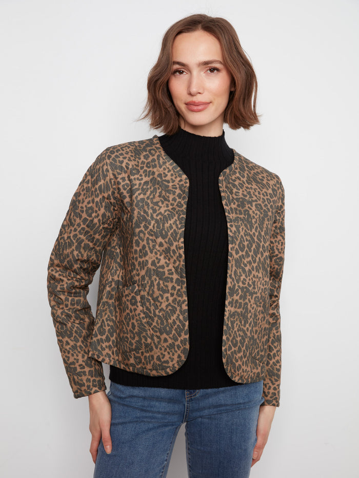 Leopard print jacket with an open front, featuring stylish patch pockets for added functionality. By Charlie B.