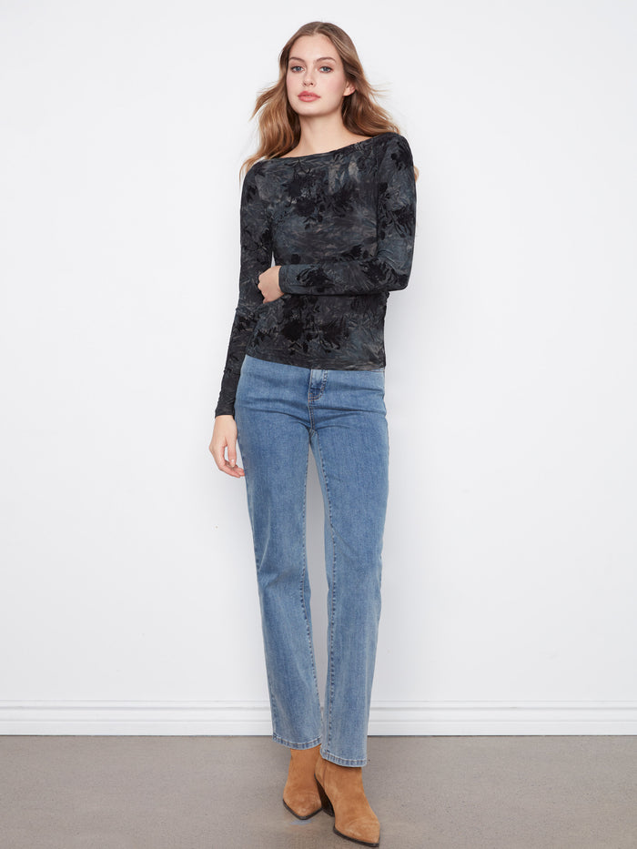 Floral-patterned top with slim fit design and stylish long sleeves for an elegant touch, by Charlie B.