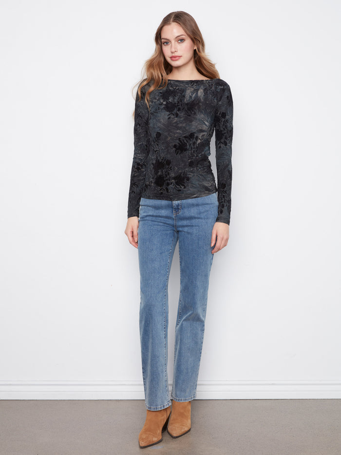 Chic midnight floral top featuring a comfortable slim fit and stylish side ruching details, by Charlie B.