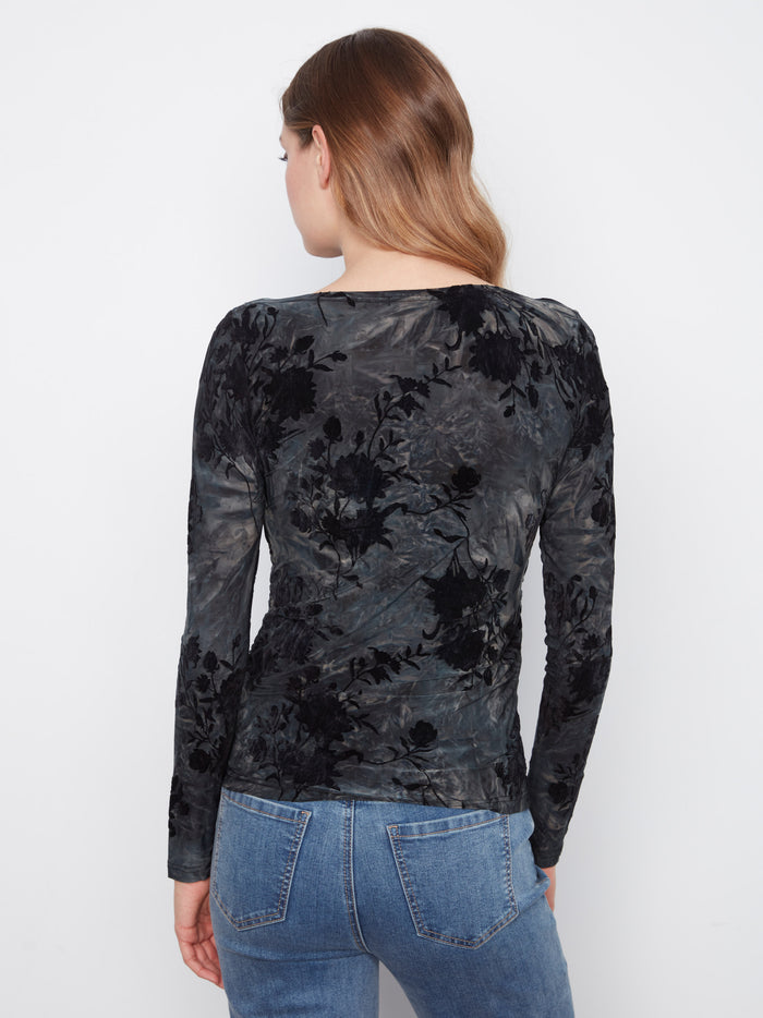 Elegant midnight floral patterned top with long sleeves and sophisticated boat neckline design, by Charlie B.