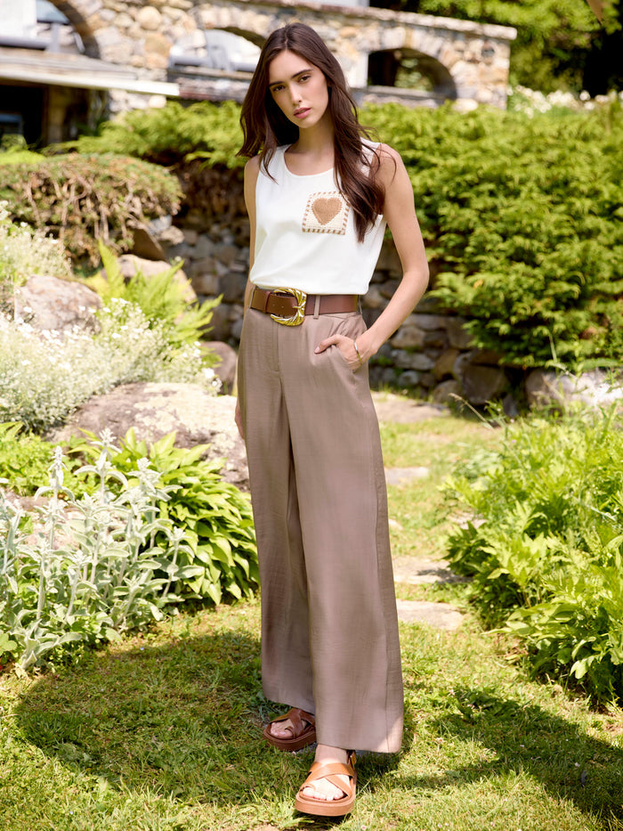 Satin Belted Wide Leg Pants - Sand