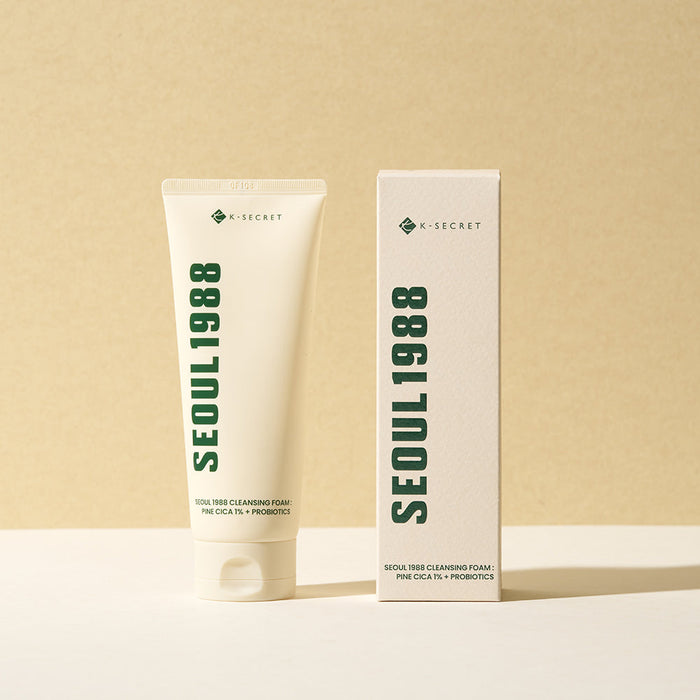 SEOUL 1988 Pine Cica Cleansing Foam with packaging displayed on a beige background.