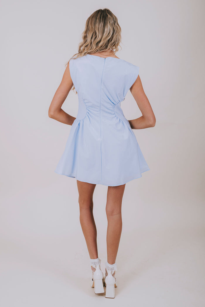 light blue structured mini dress back