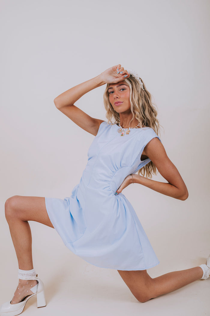 light blue structured mini dress model