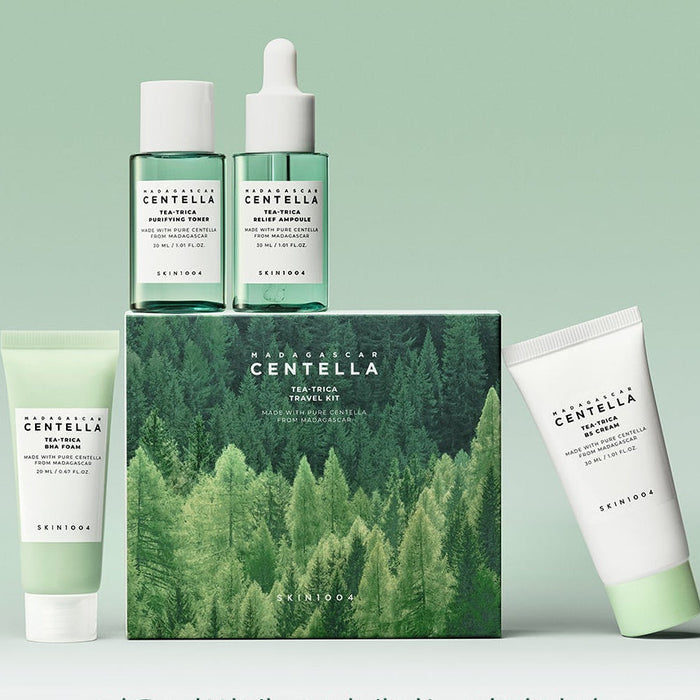 SKIN1004 Madagascar Centella Teatrica Travel Kit displayed with green packaging and skincare products