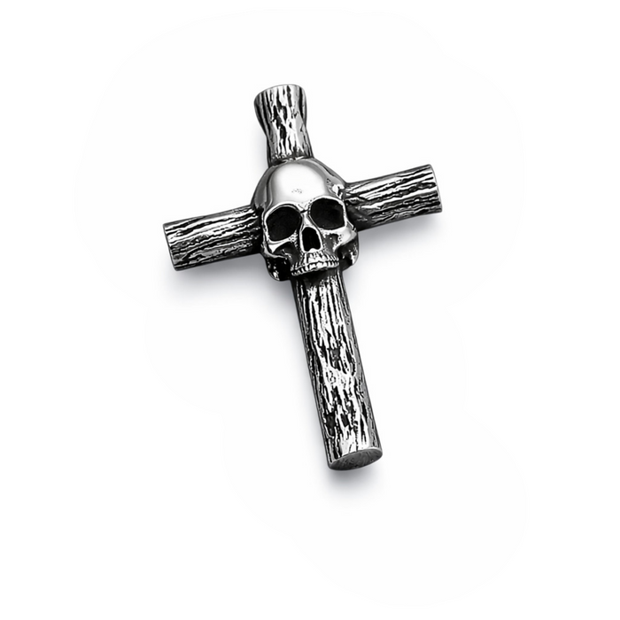 Stainless steel skull cross pendant with textured bar design and polished skull centre on white background