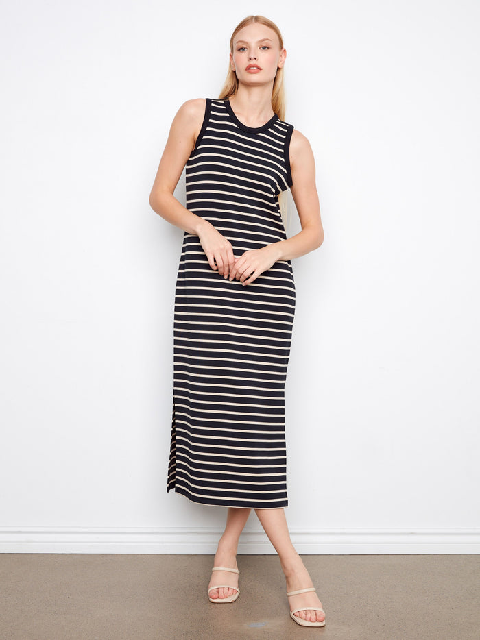 Elegant sleeveless striped scuba dress featuring stylish side slits, ideal for a chic look by Charlie B.