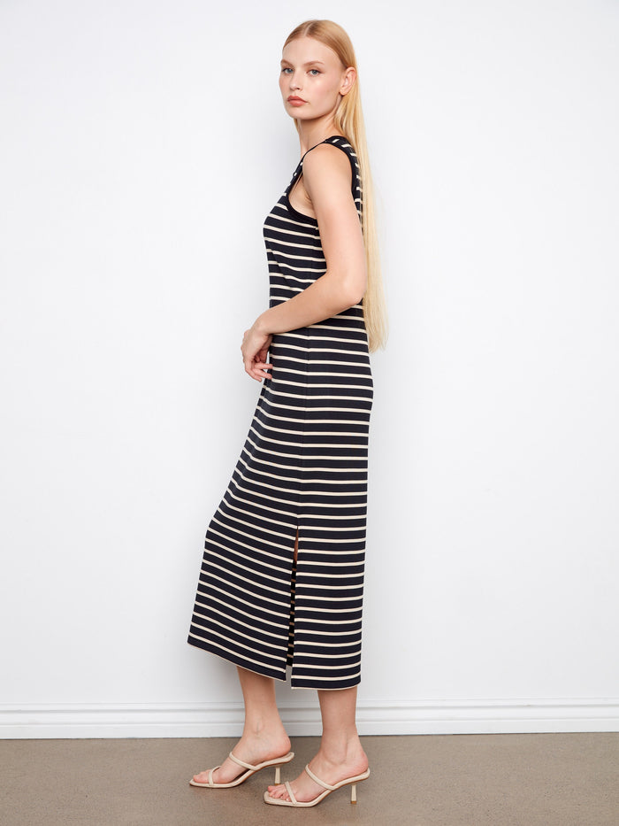 Sophisticated sleeveless dress with bold stripes, designed in a breathable stretch scuba fabric by Charlie B.