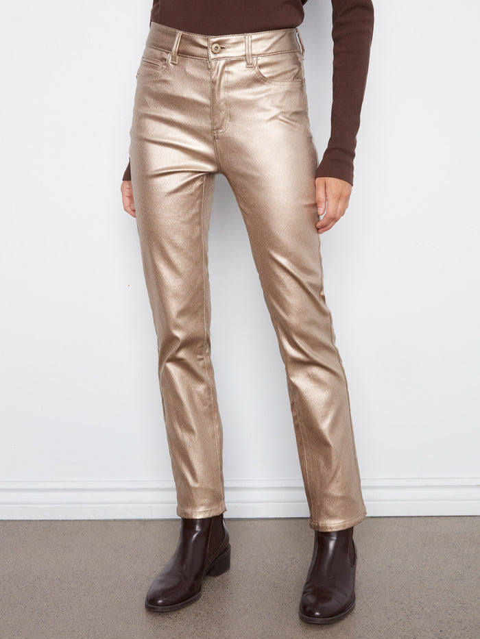 Slim Leg Metallic Wax Twill Pants - Brass