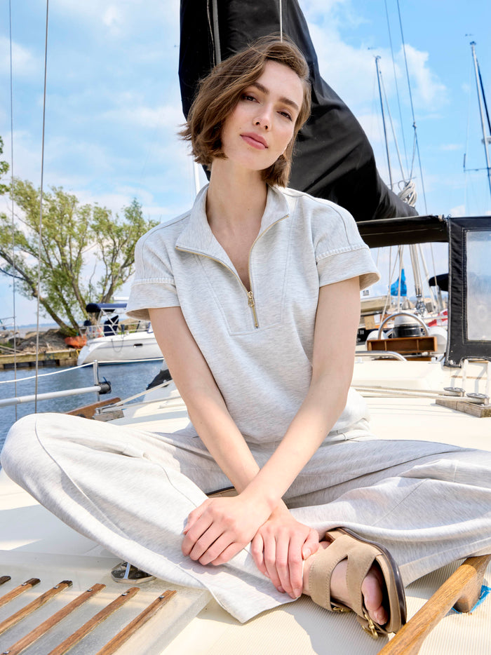 Soft Scuba Short Sleeve Half-Zip Top - Heather Light Grey