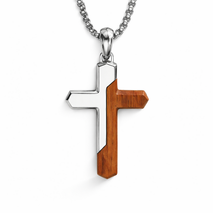 Stainless steel cross pendant with bubinga wood inlay on 20 inch chain white background