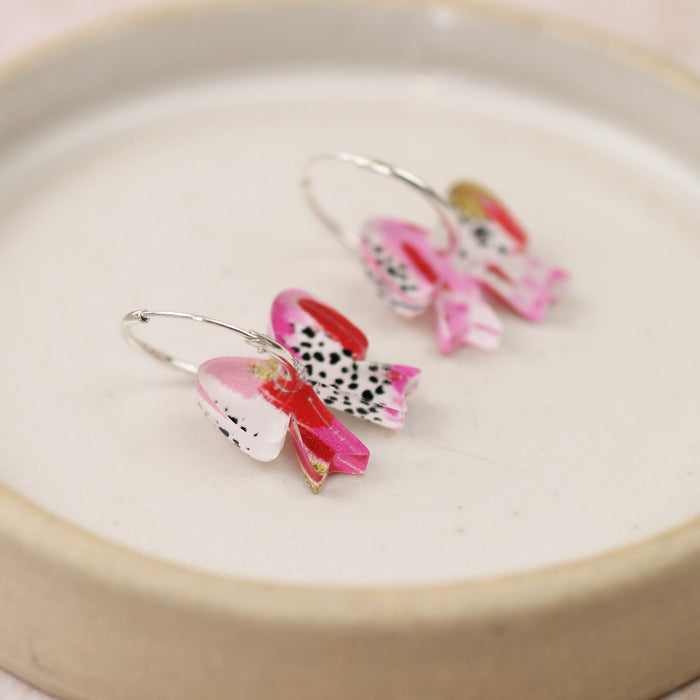 Sterling Silver and Acrylic Pink and Gold Patterned Hoops