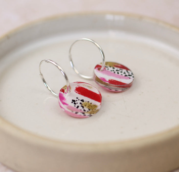 Sterling Silver and Acrylic Pink and Gold Patterned Hoops