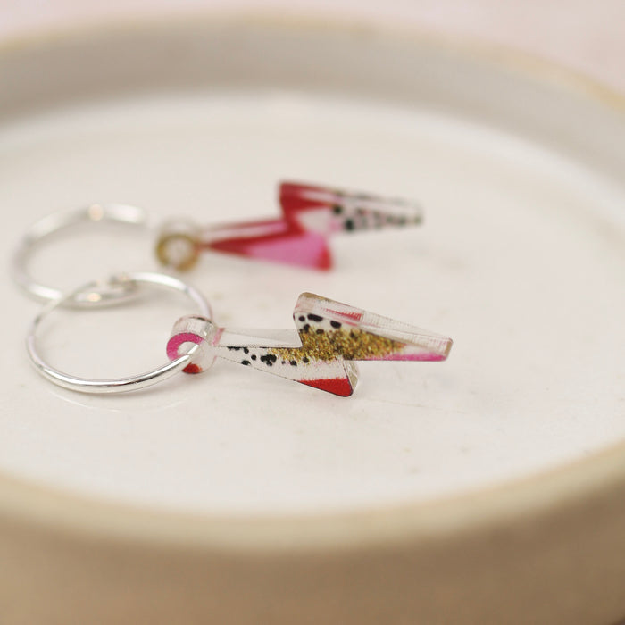 Sterling Silver and Acrylic Pink and Gold Patterned Hoops