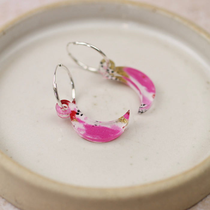 Sterling Silver and Acrylic Pink and Gold Patterned Hoops