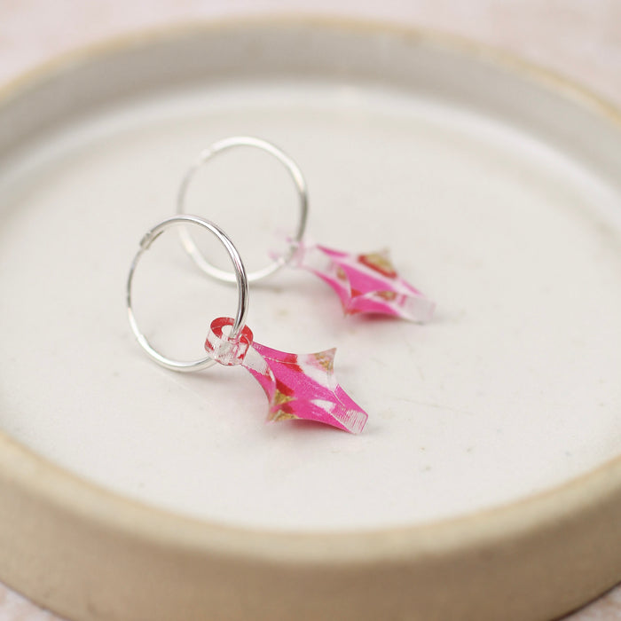 Sterling Silver and Acrylic Pink and Gold Patterned Hoops