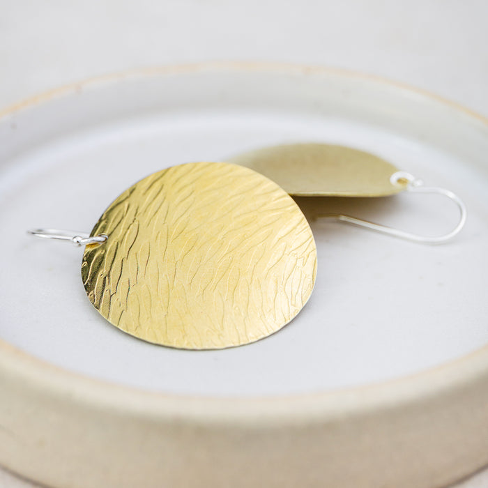 Sterling Silver And Brass Circle Disc Textured Earrings