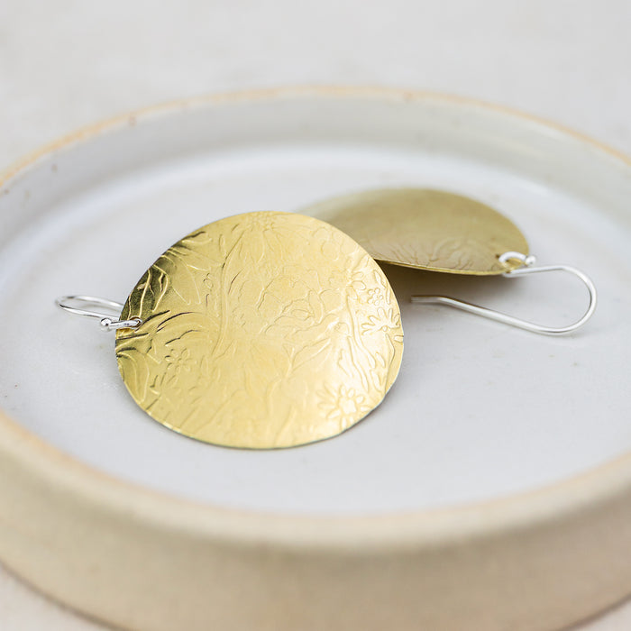 Sterling Silver And Brass Circle Disc Textured Earrings