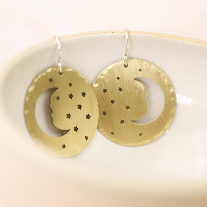 Sterling Silver And Brass Cut Out Star And Moon Disc Earrings