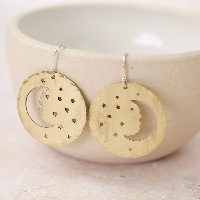 Sterling Silver And Brass Cut Out Star And Moon Disc Earrings