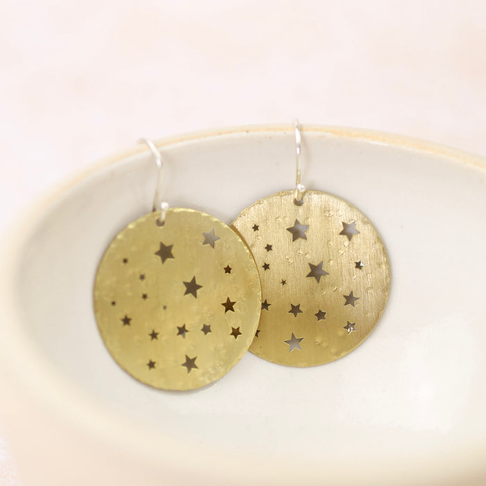 Sterling Silver And Brass Cut Out Star Disc Earrings