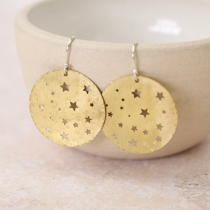 Sterling Silver And Brass Cut Out Star Disc Earrings