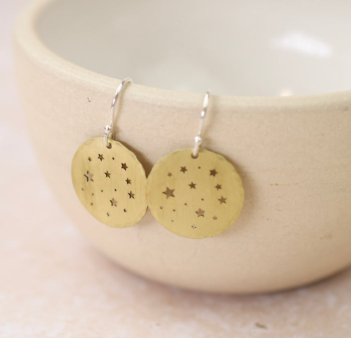 Sterling Silver And Brass Cut Out Star Disc Earrings