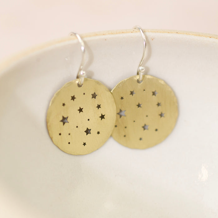 Sterling Silver And Brass Cut Out Star Disc Earrings