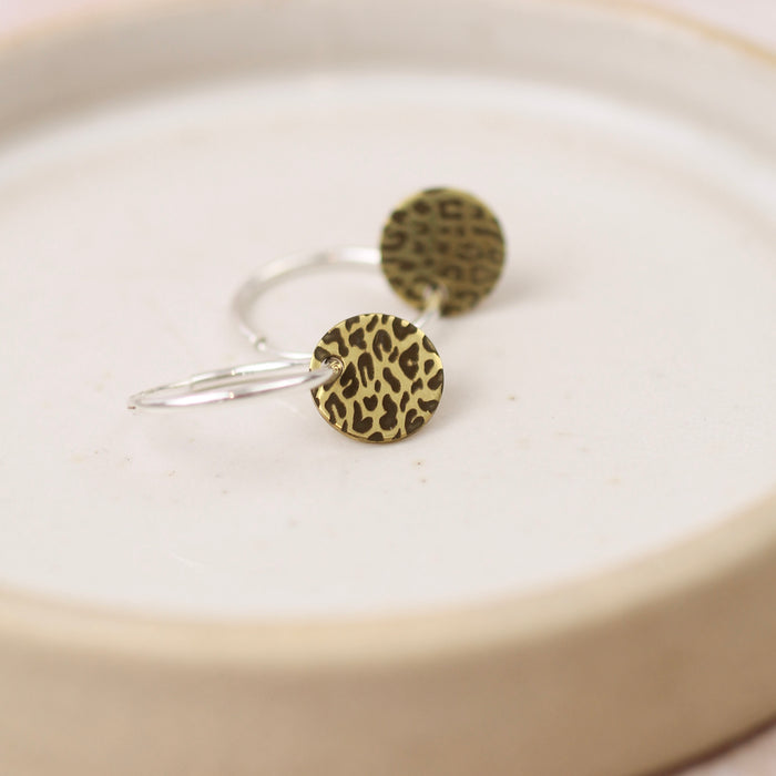 Sterling Silver And Brass Leopard Print Dinky Charm Hoops