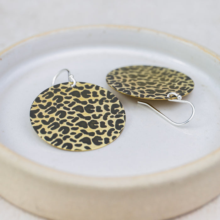 Sterling Silver And Brass Leopard Print Textured Disc Earrings